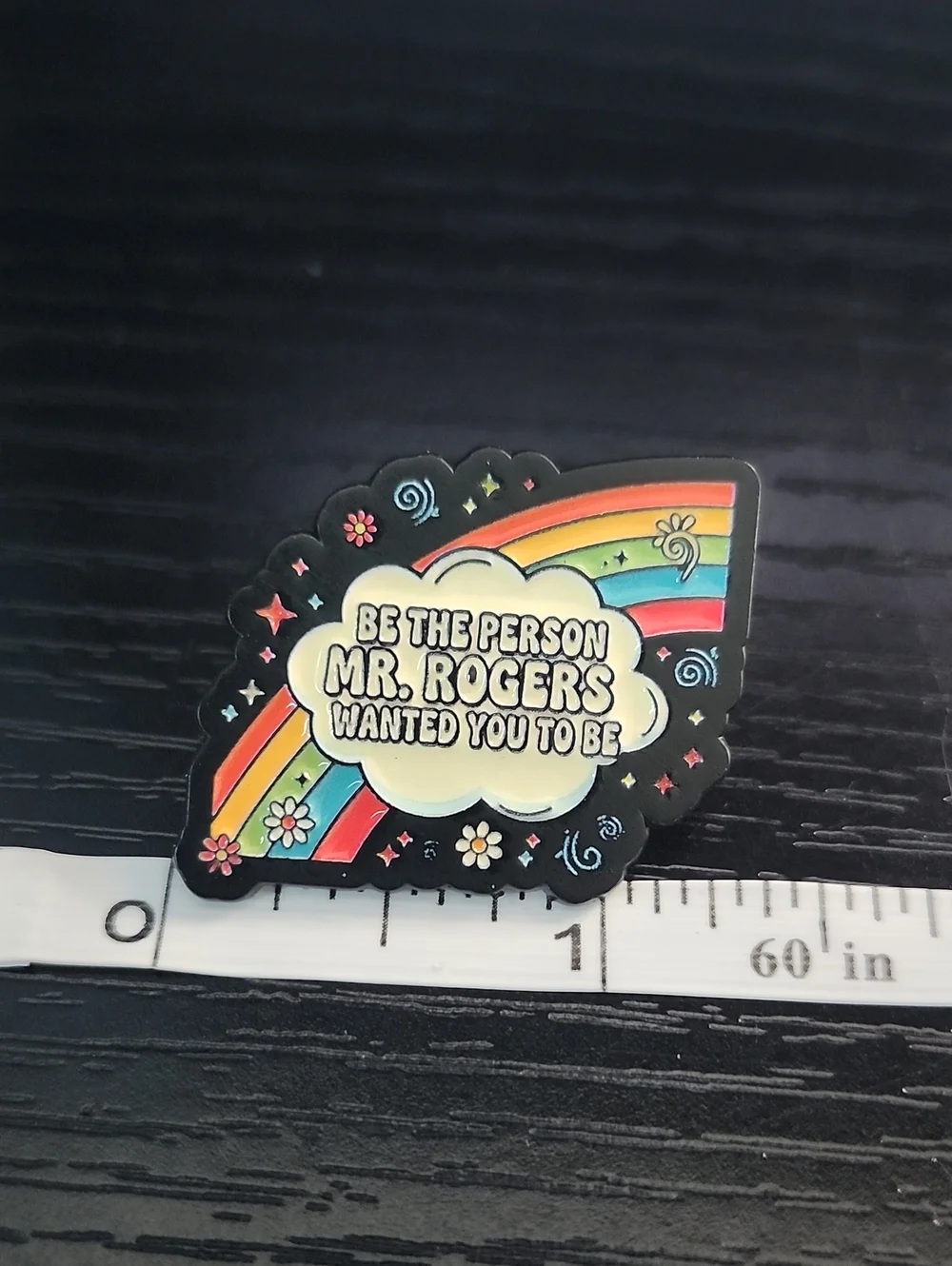 Mr. Rogers Rainbow Enamel Pin - Black Background, Multicolor Design